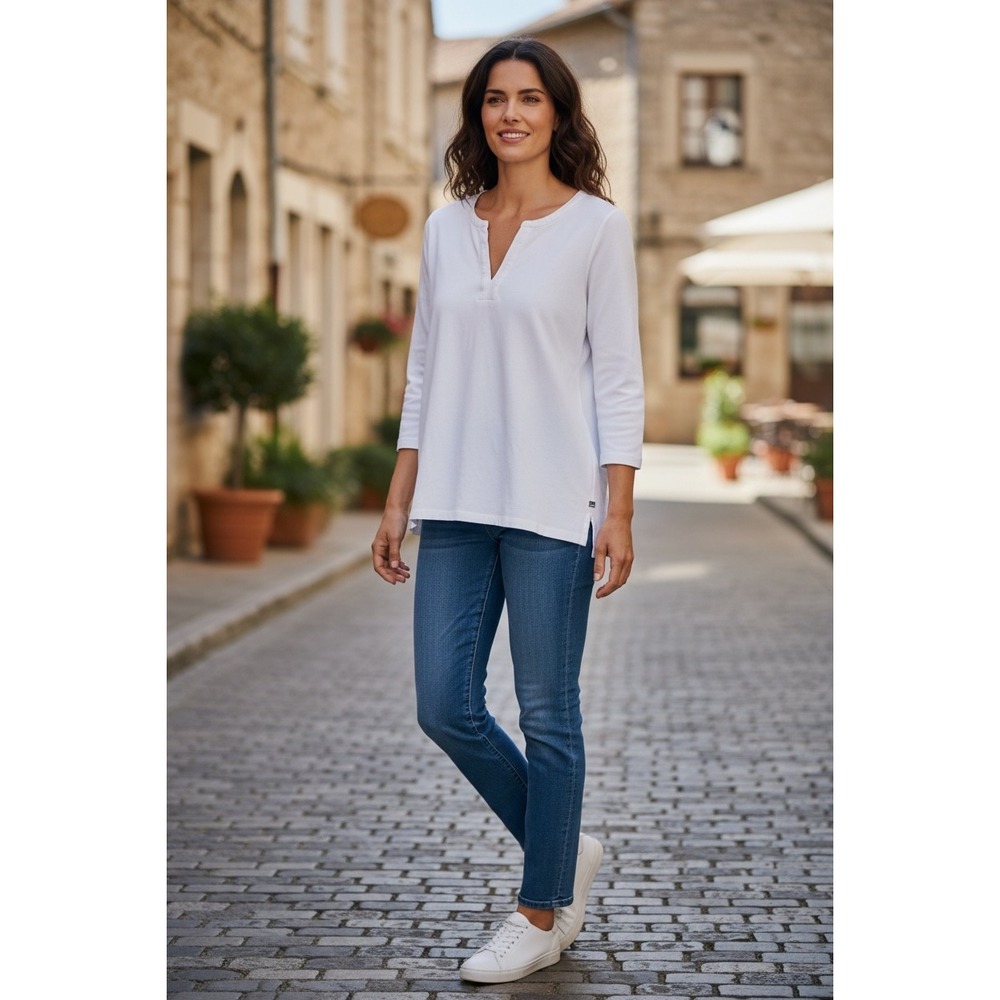 Orvis Classic Collection Womens White Split Neck 3/4 Sleeve Top Small S/CH
